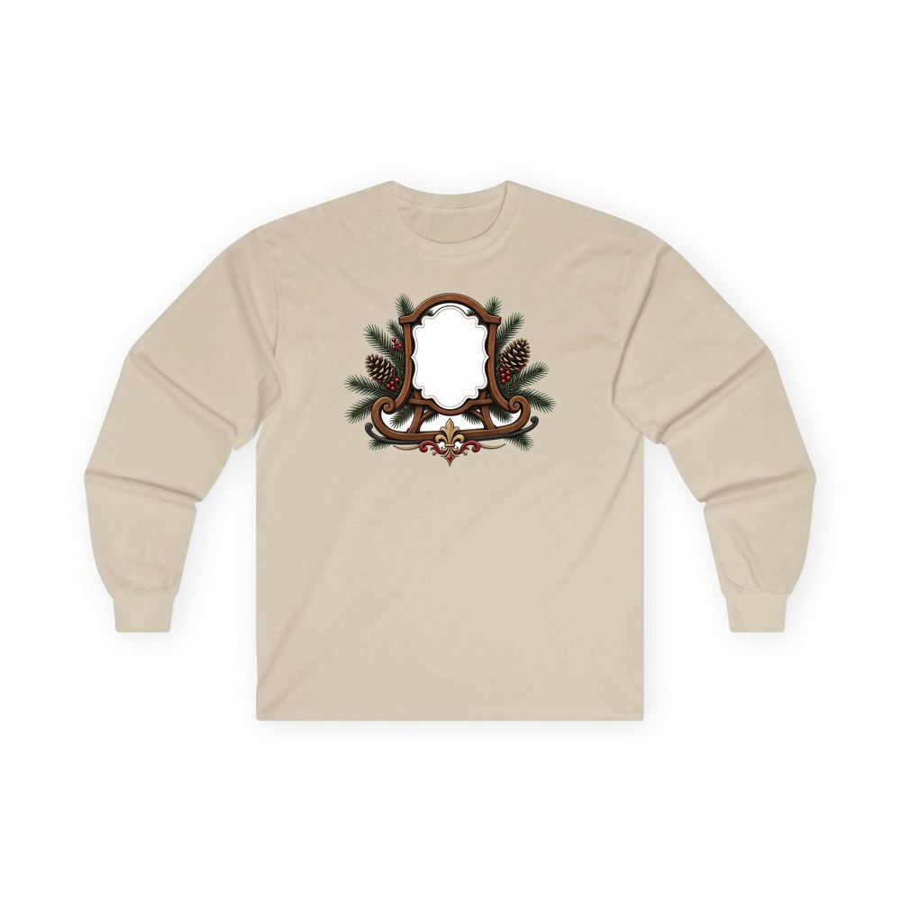 Wooden Sled Name Ornament personalised long sleeve Christmas T-shirt in sand
