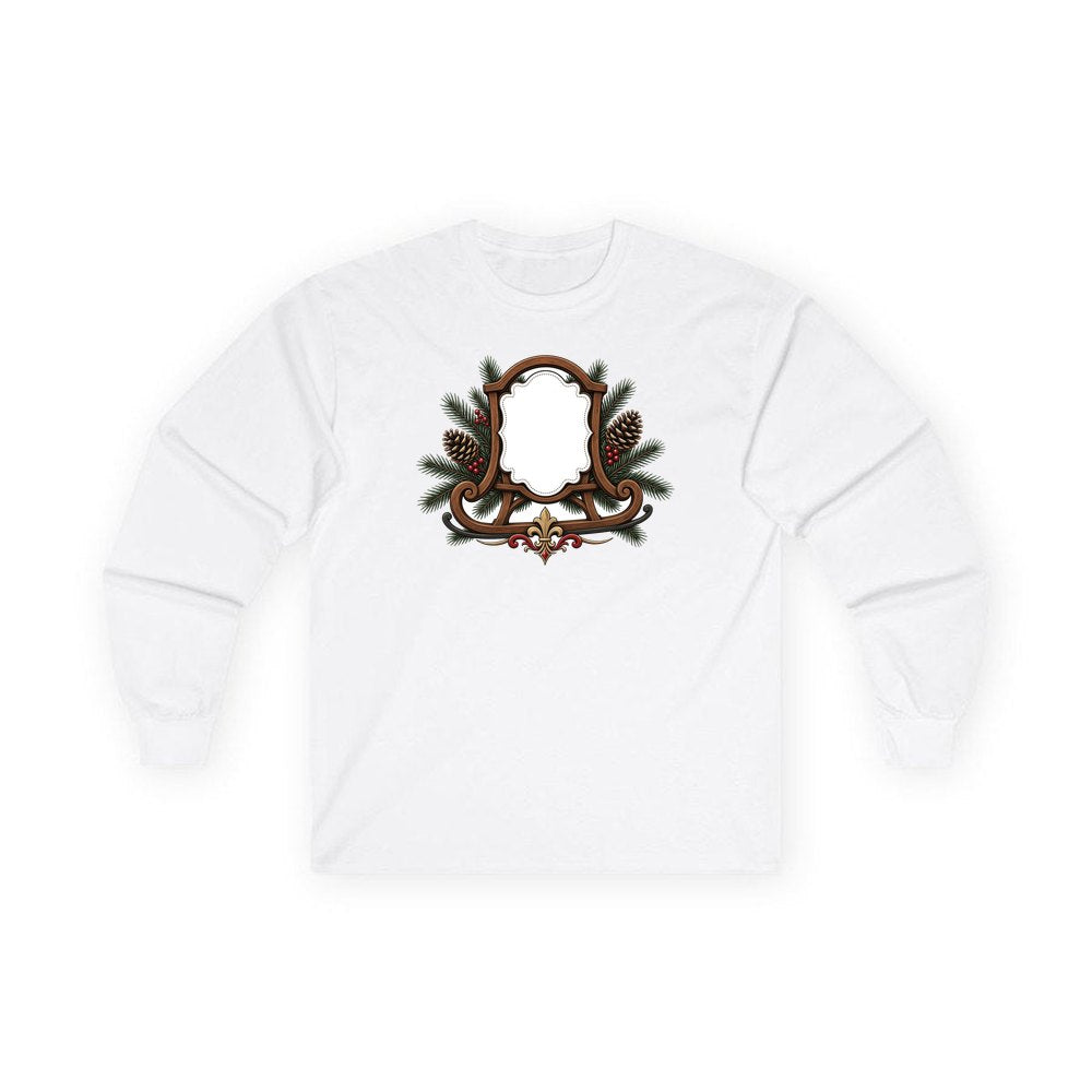 Wooden Sled Name Ornament personalised long sleeve Christmas T-shirt in white