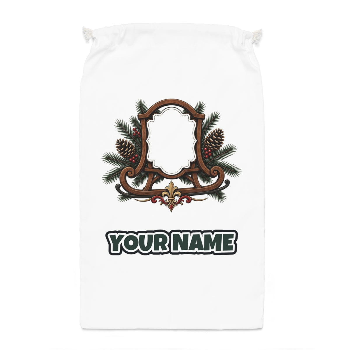 Wooden Sled Name Ornament Santa sack laid flat, showing the full print