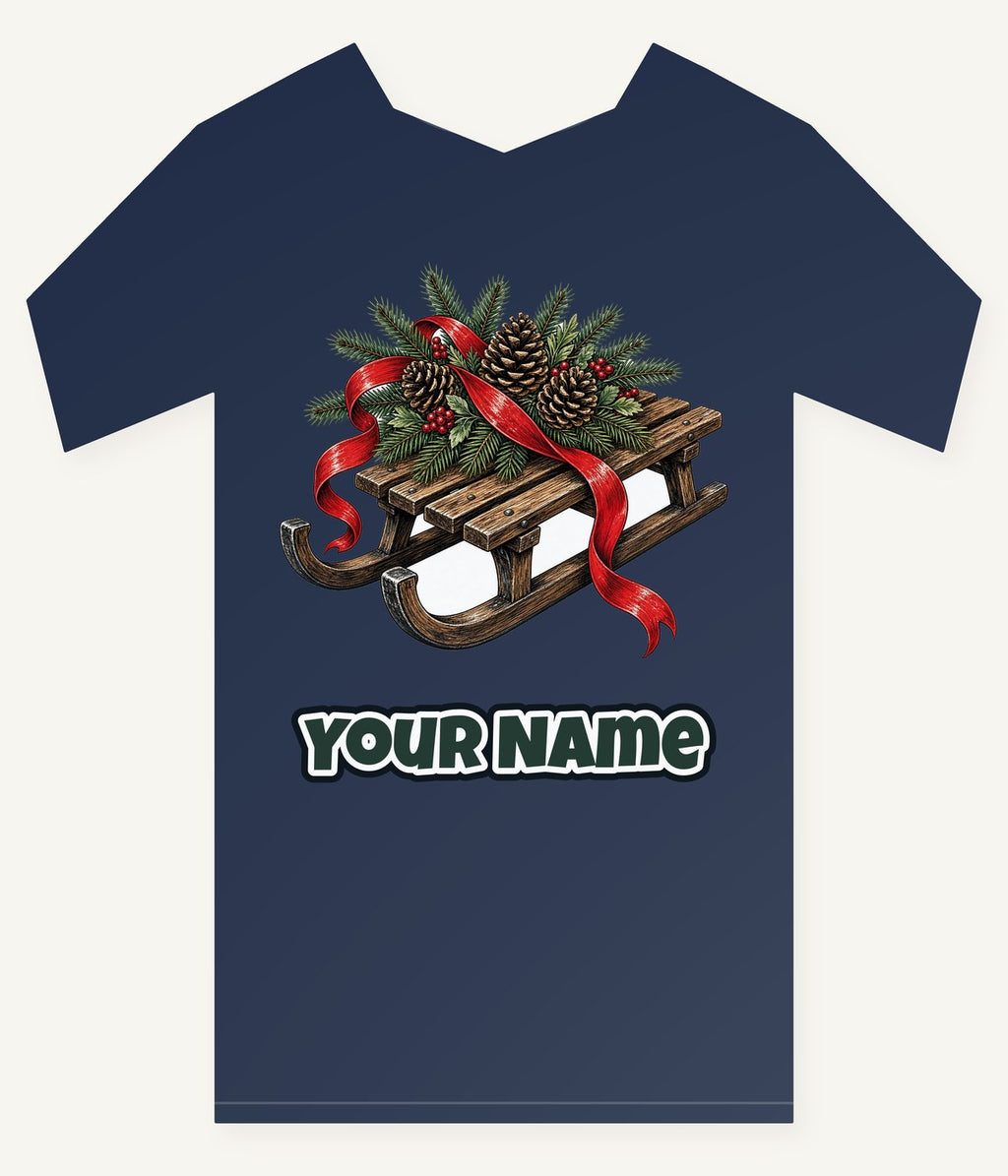 Wooden Sled with Pinecones Personalised Kids Tee and Baby Bodysuit