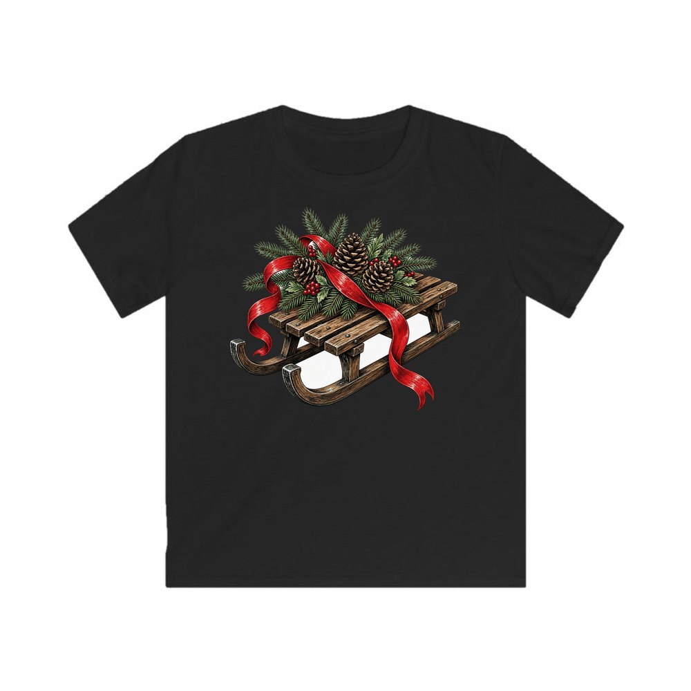 Wooden Sled with Pinecones personalised kids Christmas tee in black