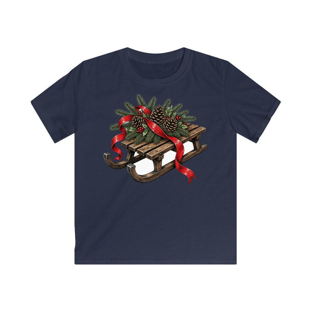Wooden Sled with Pinecones personalised kids Christmas tee in navy