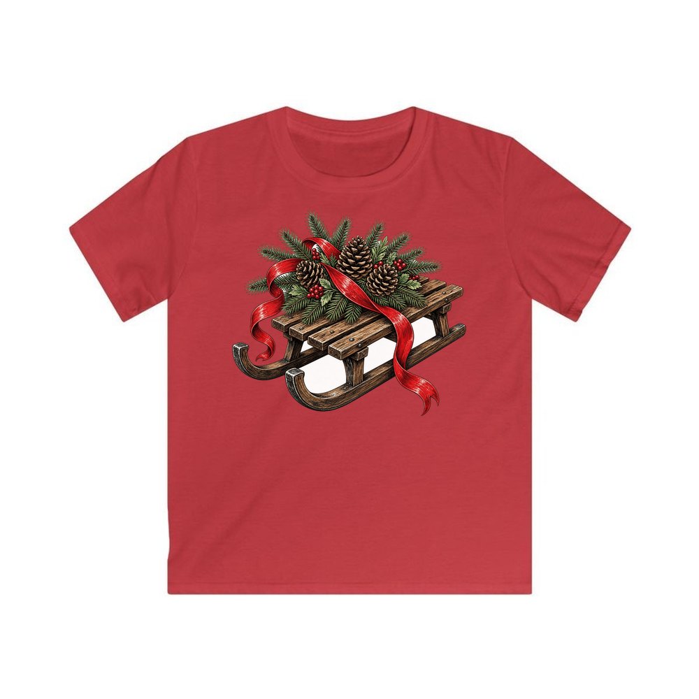 Wooden Sled with Pinecones personalised kids Christmas tee in red
