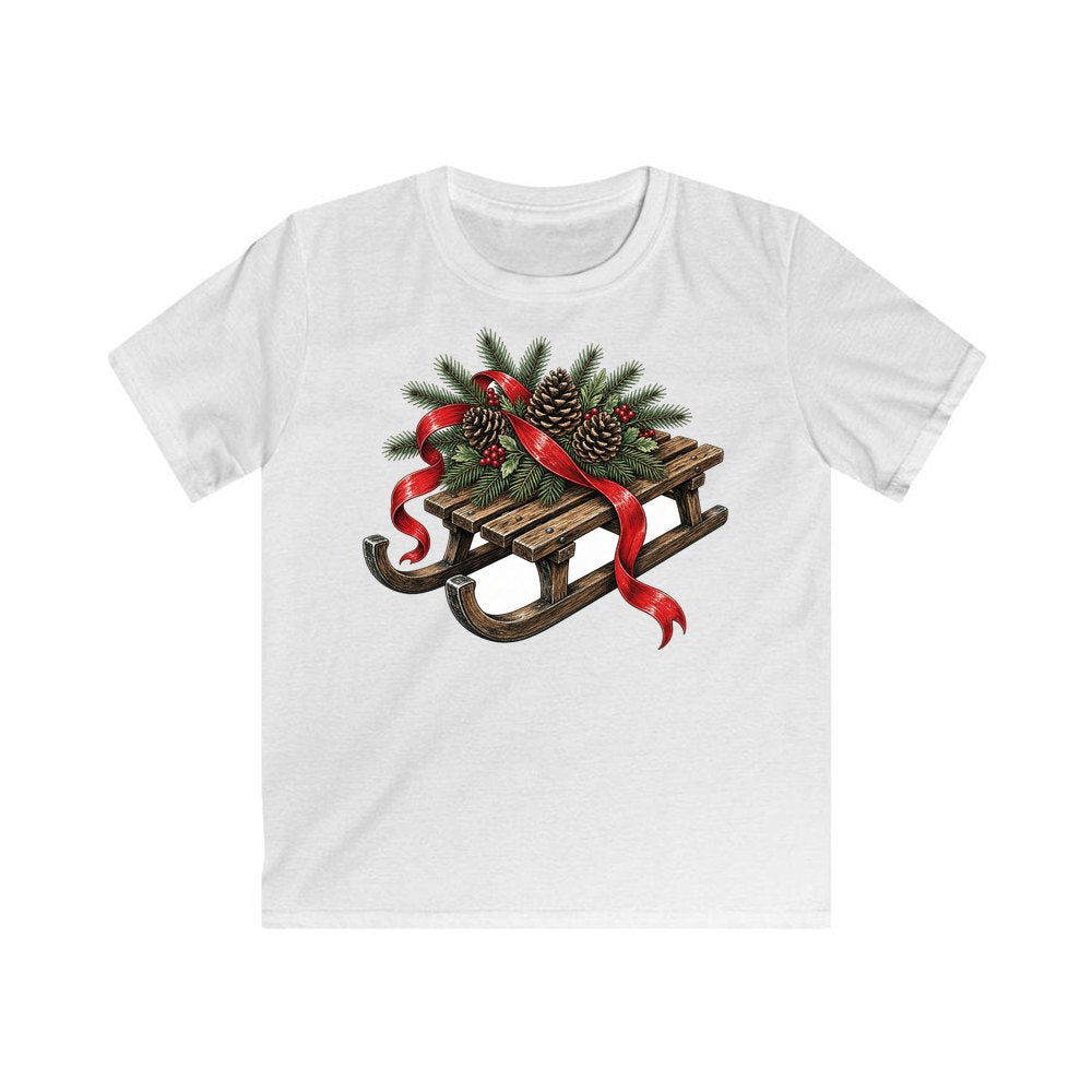 Wooden Sled with Pinecones personalised kids Christmas tee in white