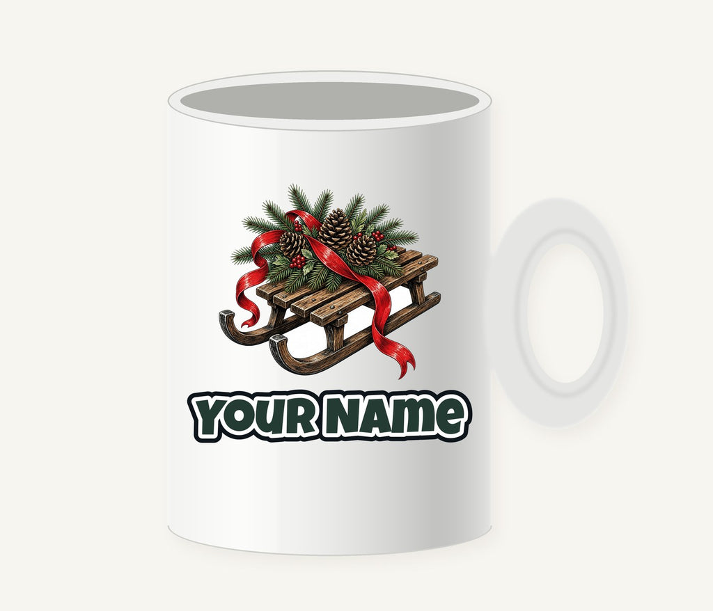 Wooden Sled with Pinecones Personalised Christmas Mug