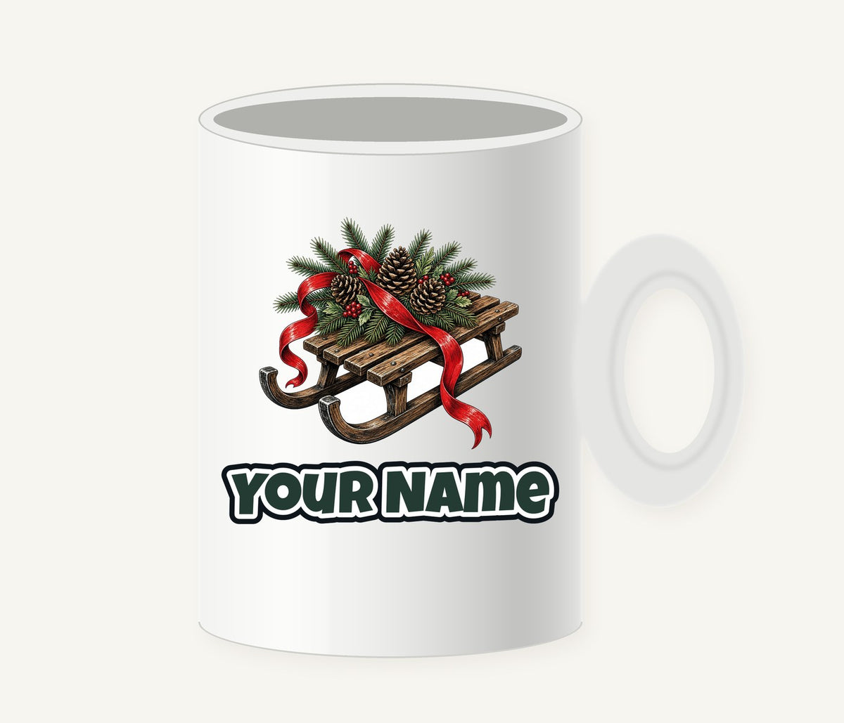 Wooden Sled with Pinecones Personalised Christmas Mug