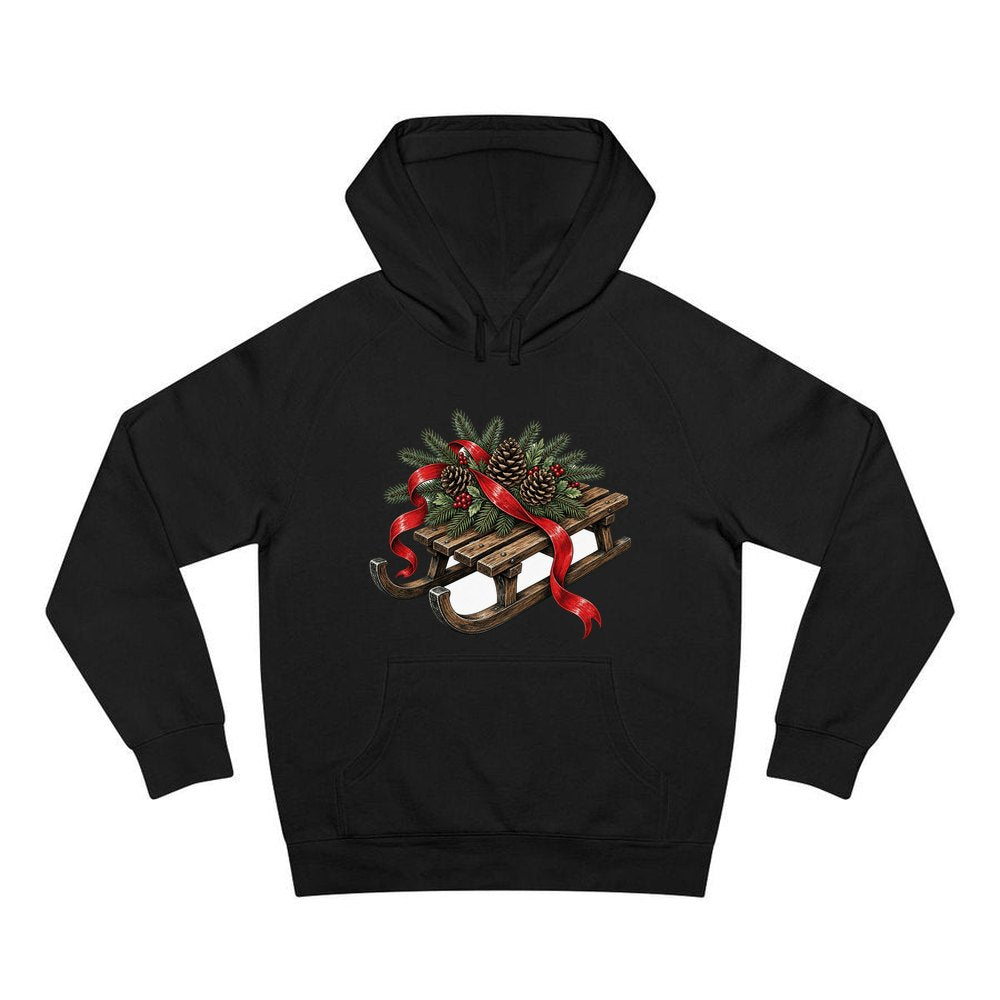 Wooden Sled with Pinecones personalised Christmas hoodie in black