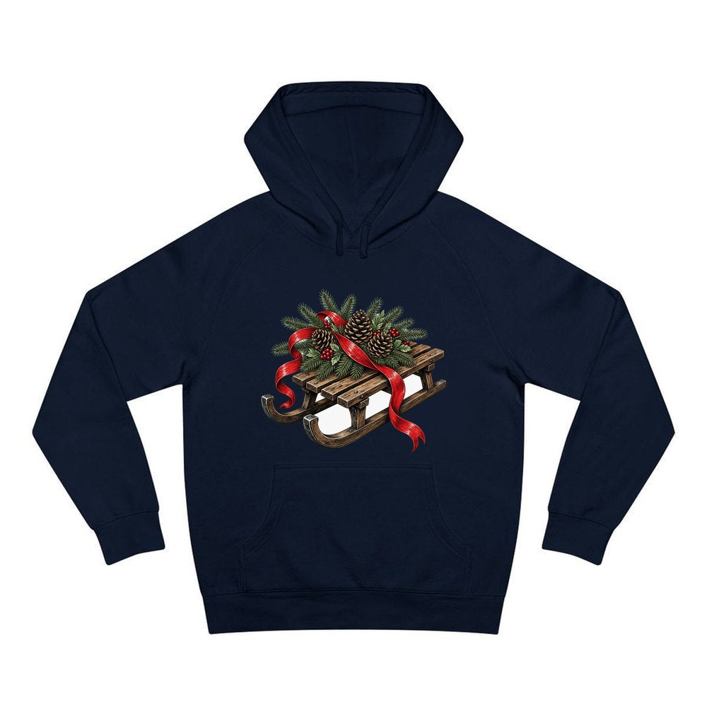 Wooden Sled with Pinecones personalised Christmas hoodie in navy