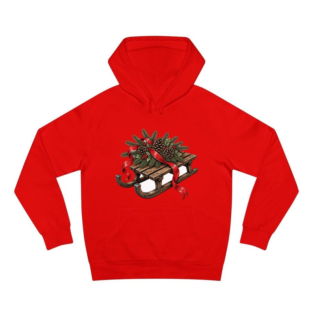 Wooden Sled with Pinecones personalised Christmas hoodie in red