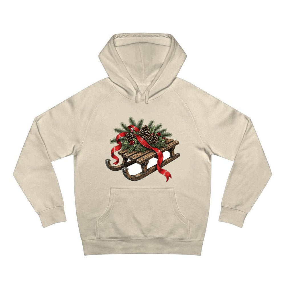 Wooden Sled with Pinecones personalised Christmas hoodie in sand