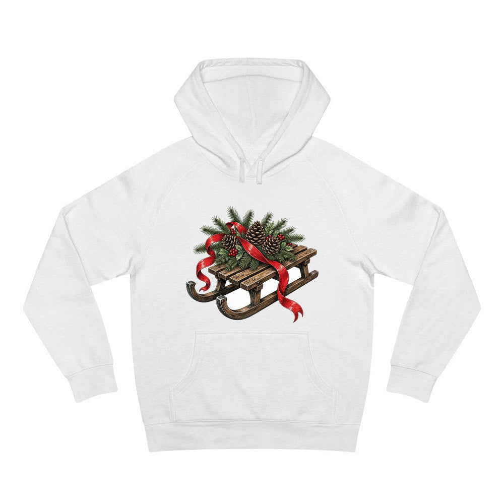 Wooden Sled with Pinecones personalised Christmas hoodie in white