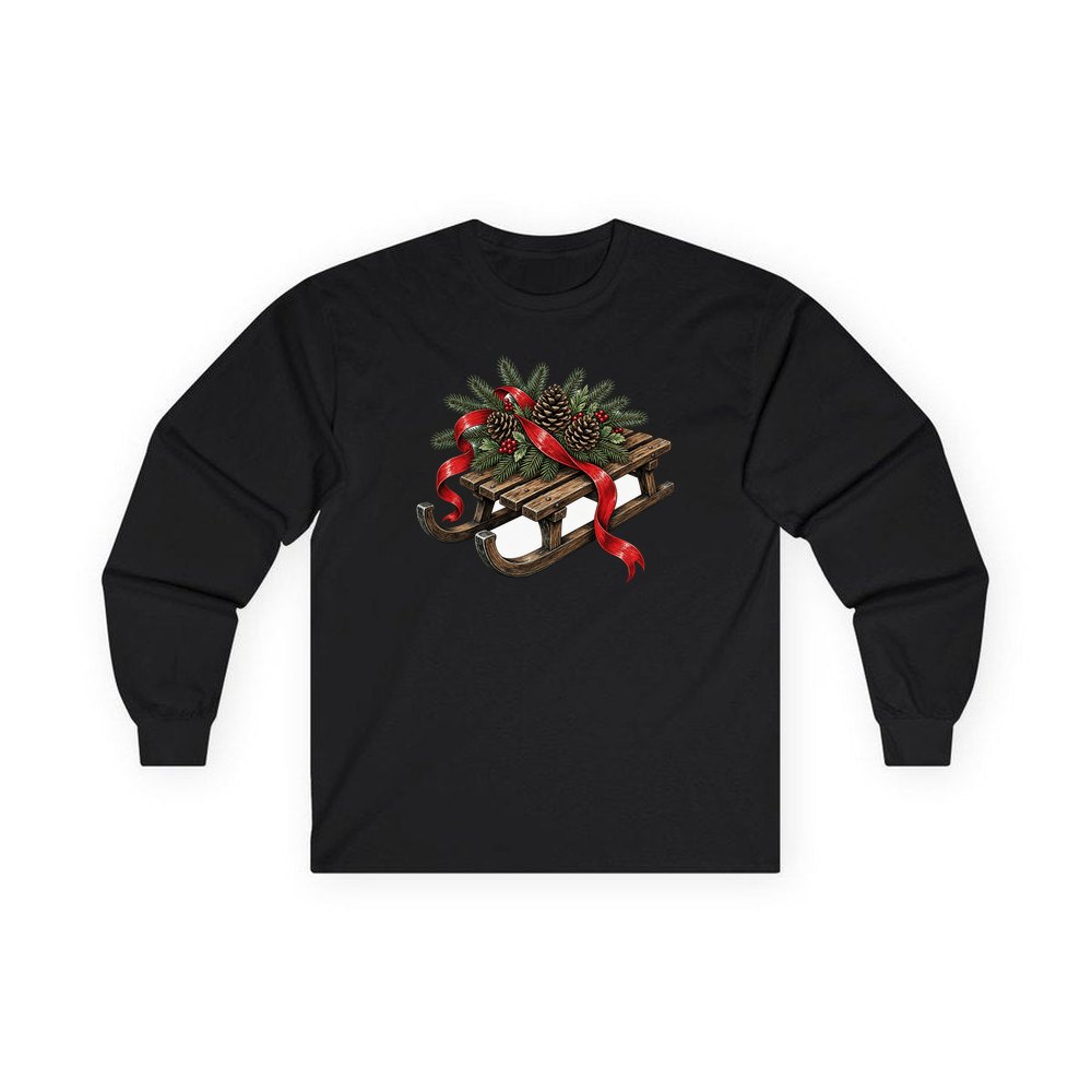 Wooden Sled with Pinecones personalised long sleeve Christmas T-shirt in black