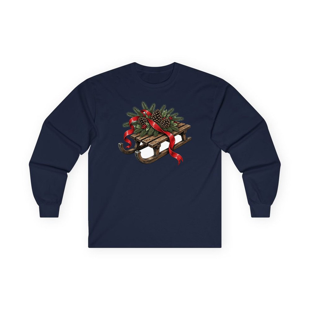 Wooden Sled with Pinecones personalised long sleeve Christmas T-shirt in navy