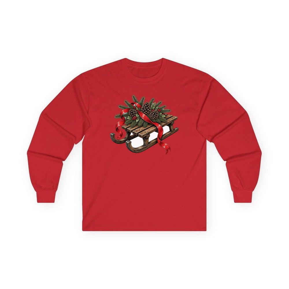 Wooden Sled with Pinecones personalised long sleeve Christmas T-shirt in red