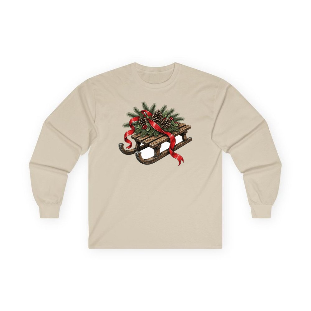 Wooden Sled with Pinecones personalised long sleeve Christmas T-shirt in sand