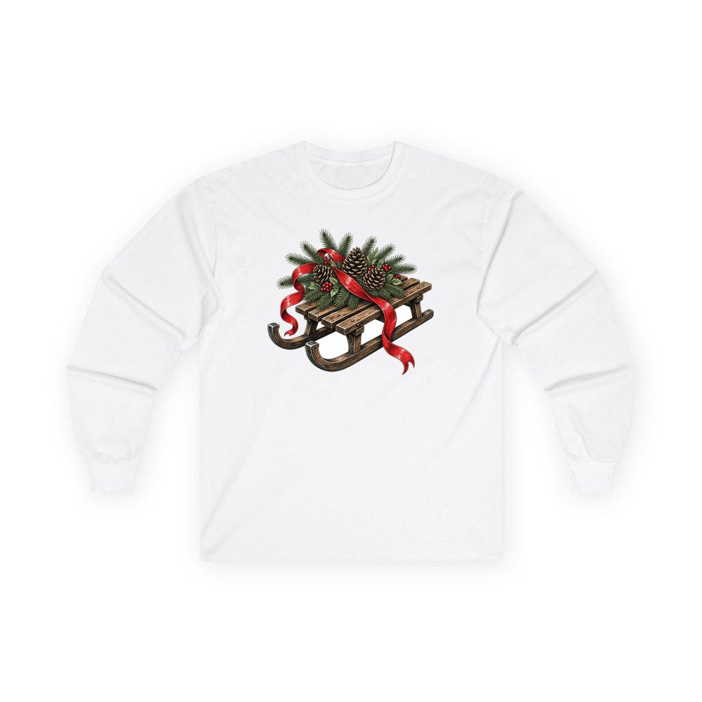 Wooden Sled with Pinecones personalised long sleeve Christmas T-shirt in white