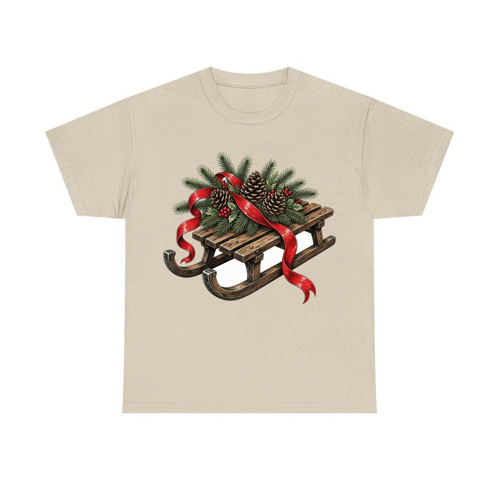 Wooden Sled with Pinecones personalised Christmas T-shirt in sand