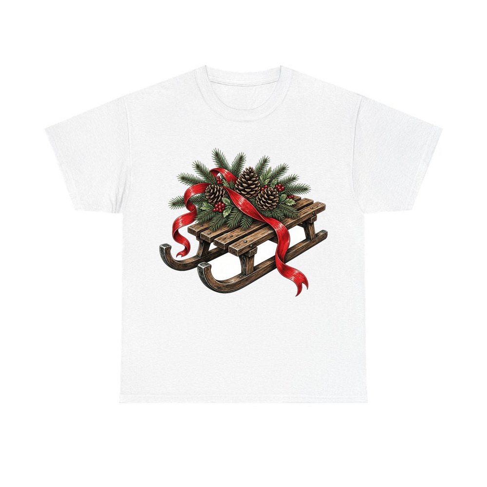 Wooden Sled with Pinecones personalised Christmas T-shirt in white