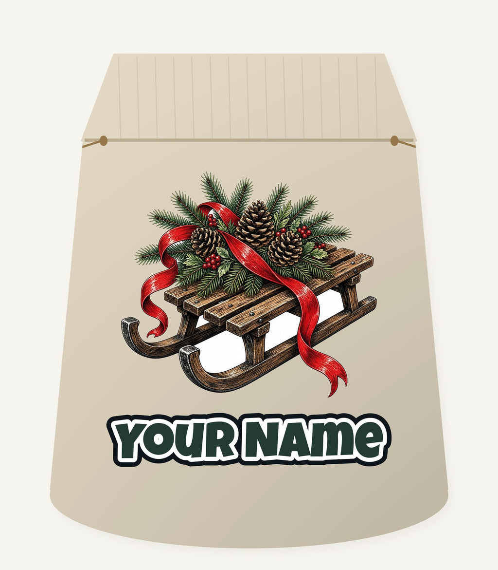 Wooden Sled with Pinecones Personalised Santa Sack
