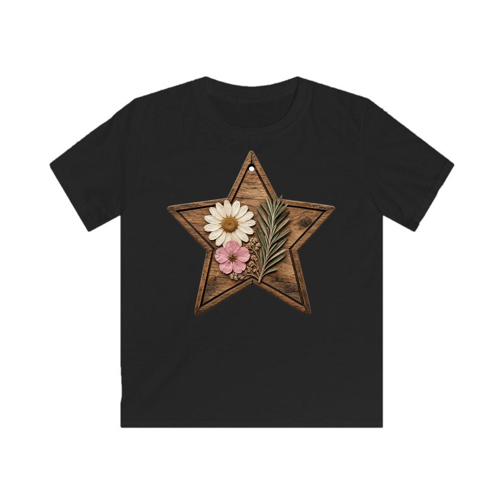 Wooden Star Pressed Flowers personalised kids Christmas tee in black