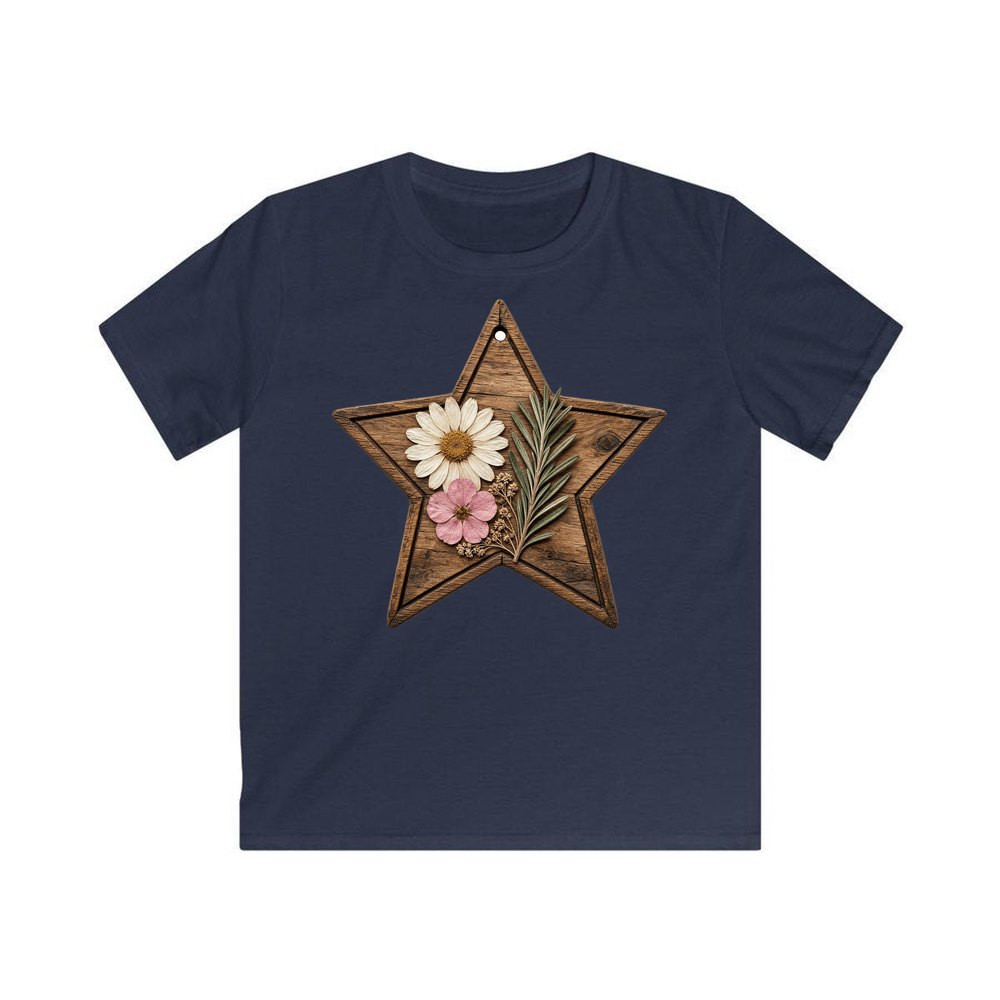 Wooden Star Pressed Flowers personalised kids Christmas tee in navy