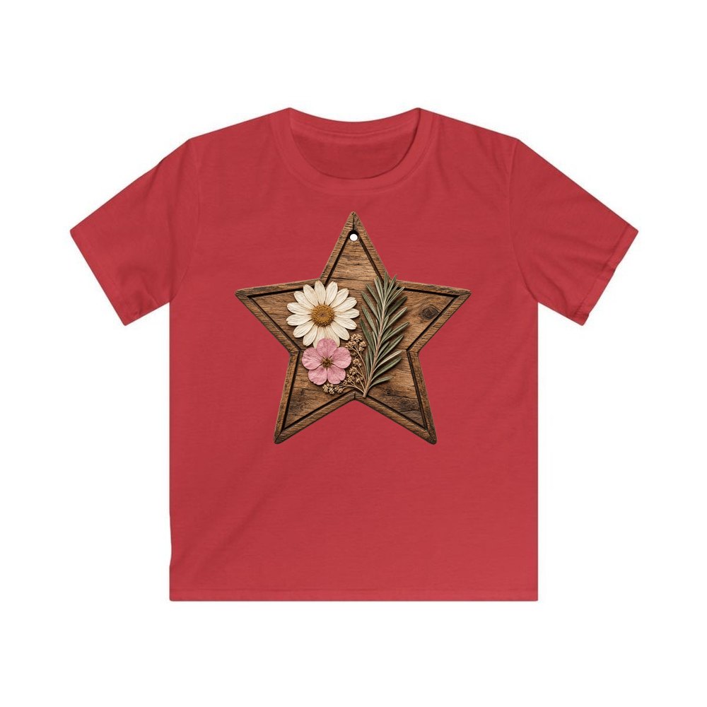 Wooden Star Pressed Flowers personalised kids Christmas tee in red