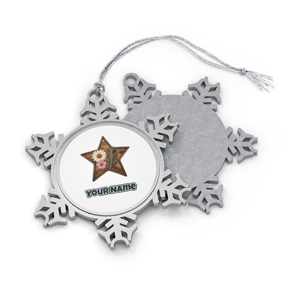 Wooden Star Pressed Flowers Personalised Pewter Christmas Ornament
