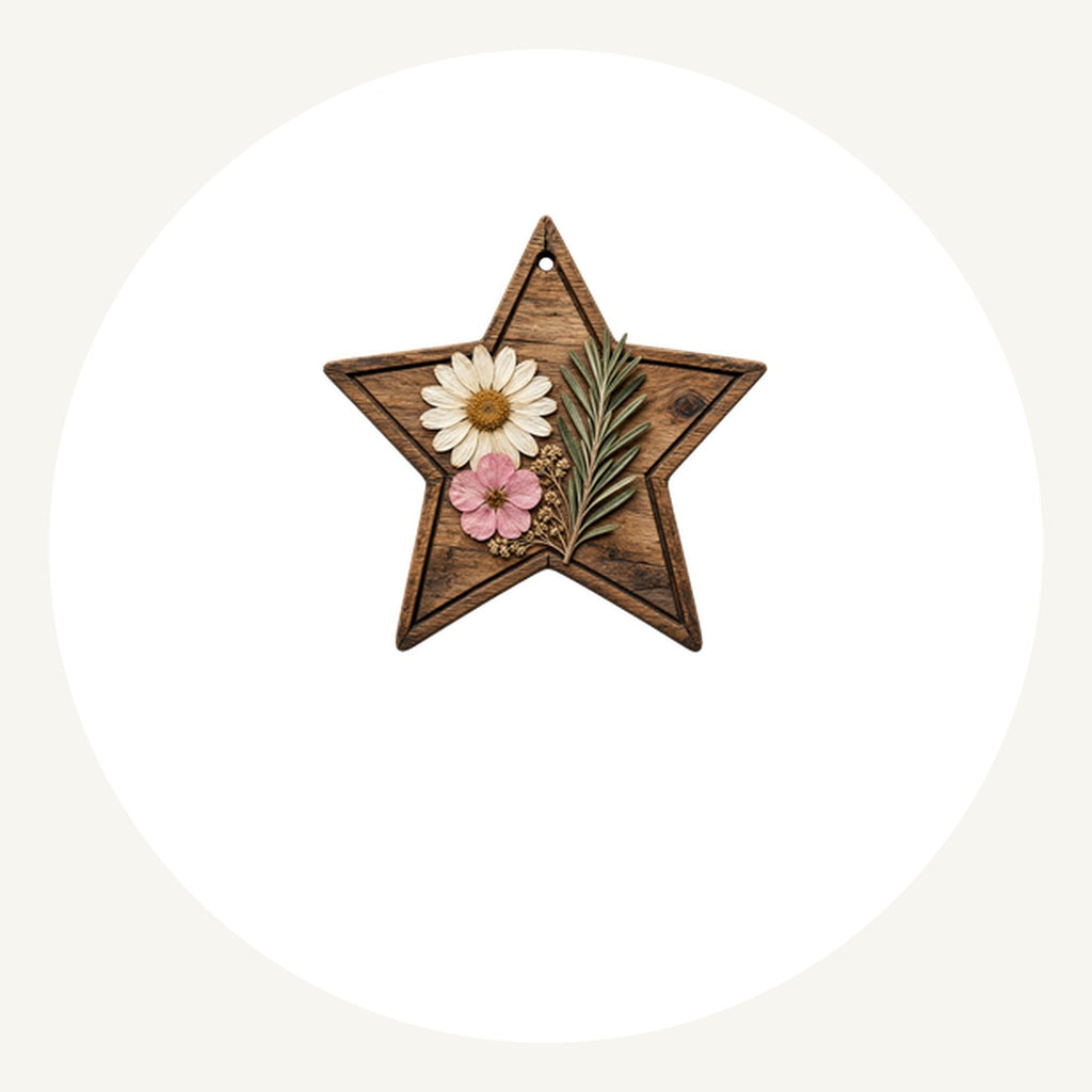Wooden Star Pressed Flowers Personalised Pewter Christmas Ornament