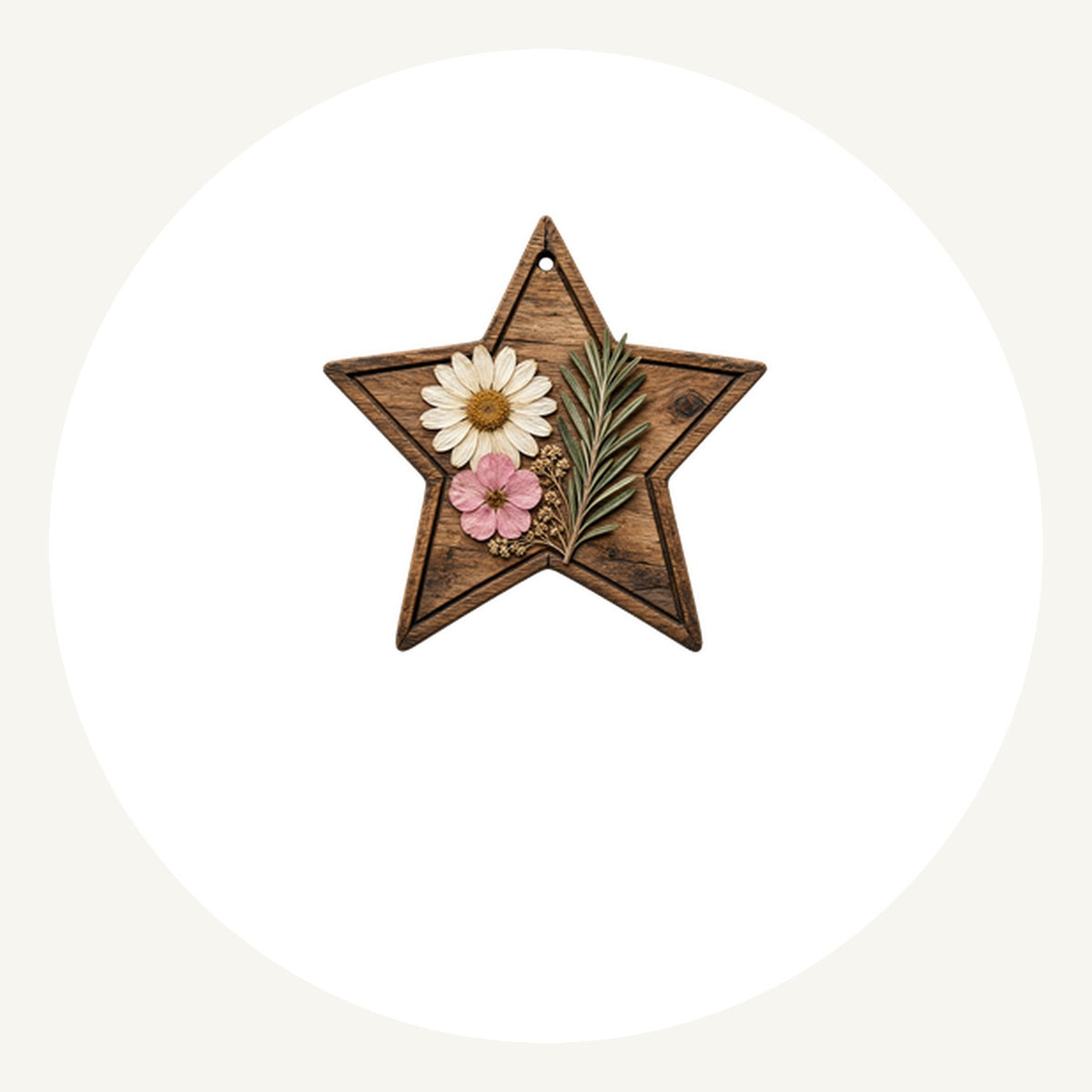 Wooden Star Pressed Flowers Personalised Pewter Christmas Ornament