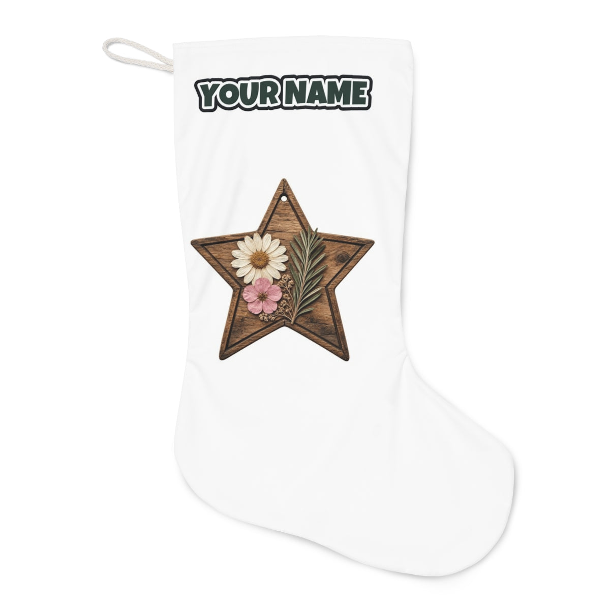 Wooden Star Pressed Flowers Christmas stocking laid flat, showing the full print