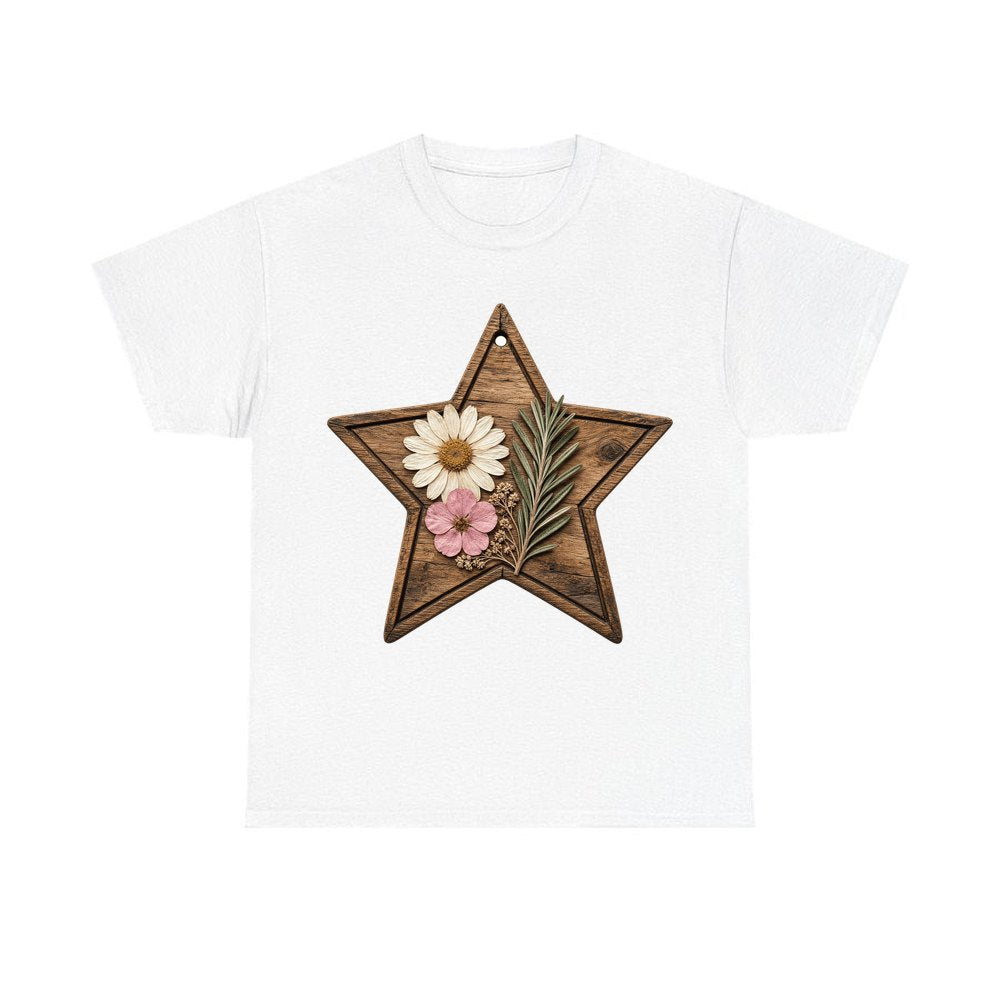 Wooden Star Pressed Flowers personalised Christmas T-shirt in white