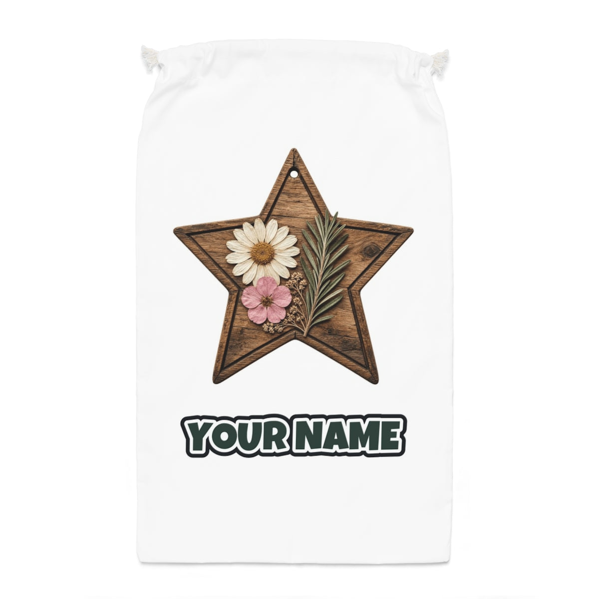 Wooden Star Pressed Flowers Santa sack laid flat, showing the full print