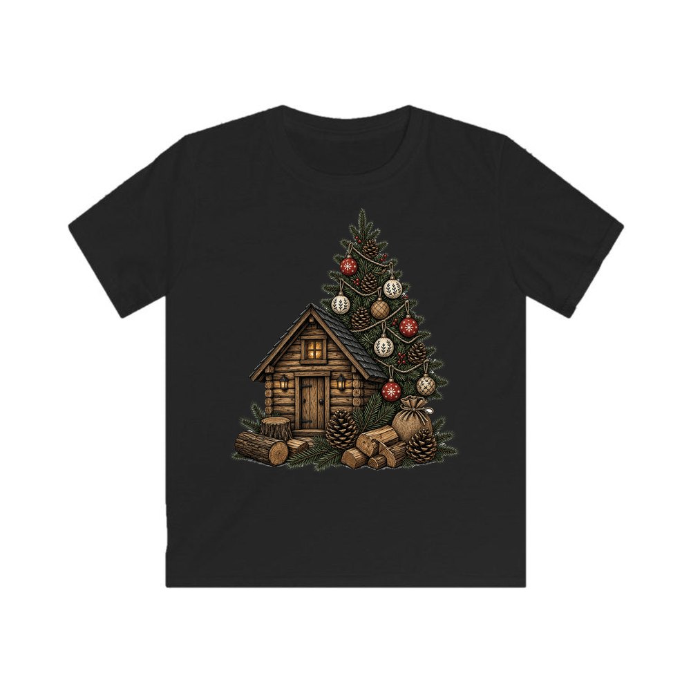 Woodland Cabin And Tree personalised kids Christmas tee in black