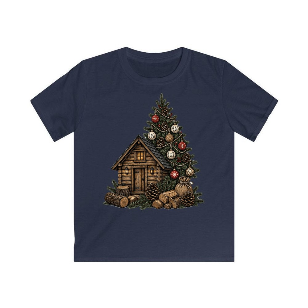 Woodland Cabin And Tree personalised kids Christmas tee in navy