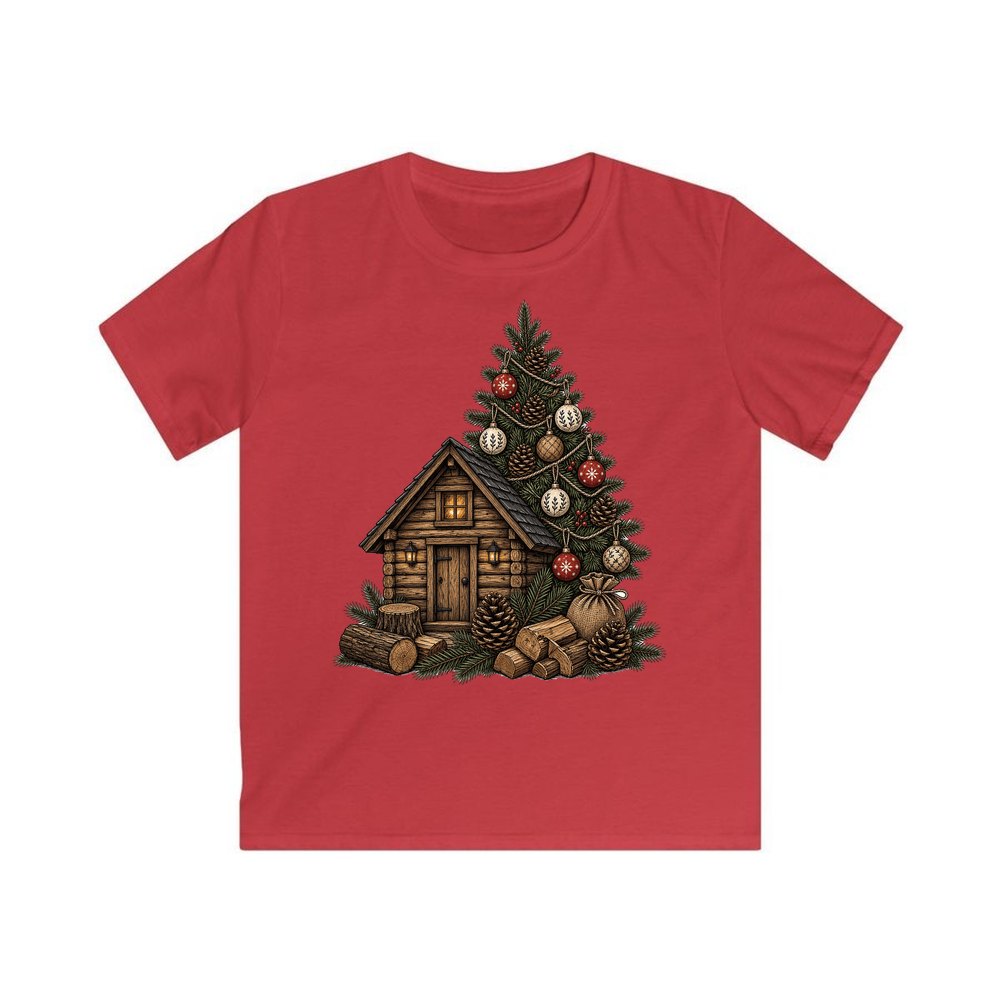 Woodland Cabin And Tree personalised kids Christmas tee in red