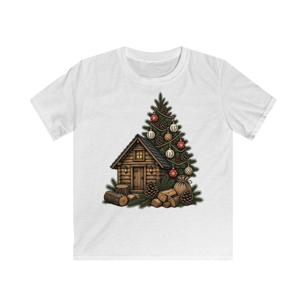 Woodland Cabin And Tree personalised kids Christmas tee in white