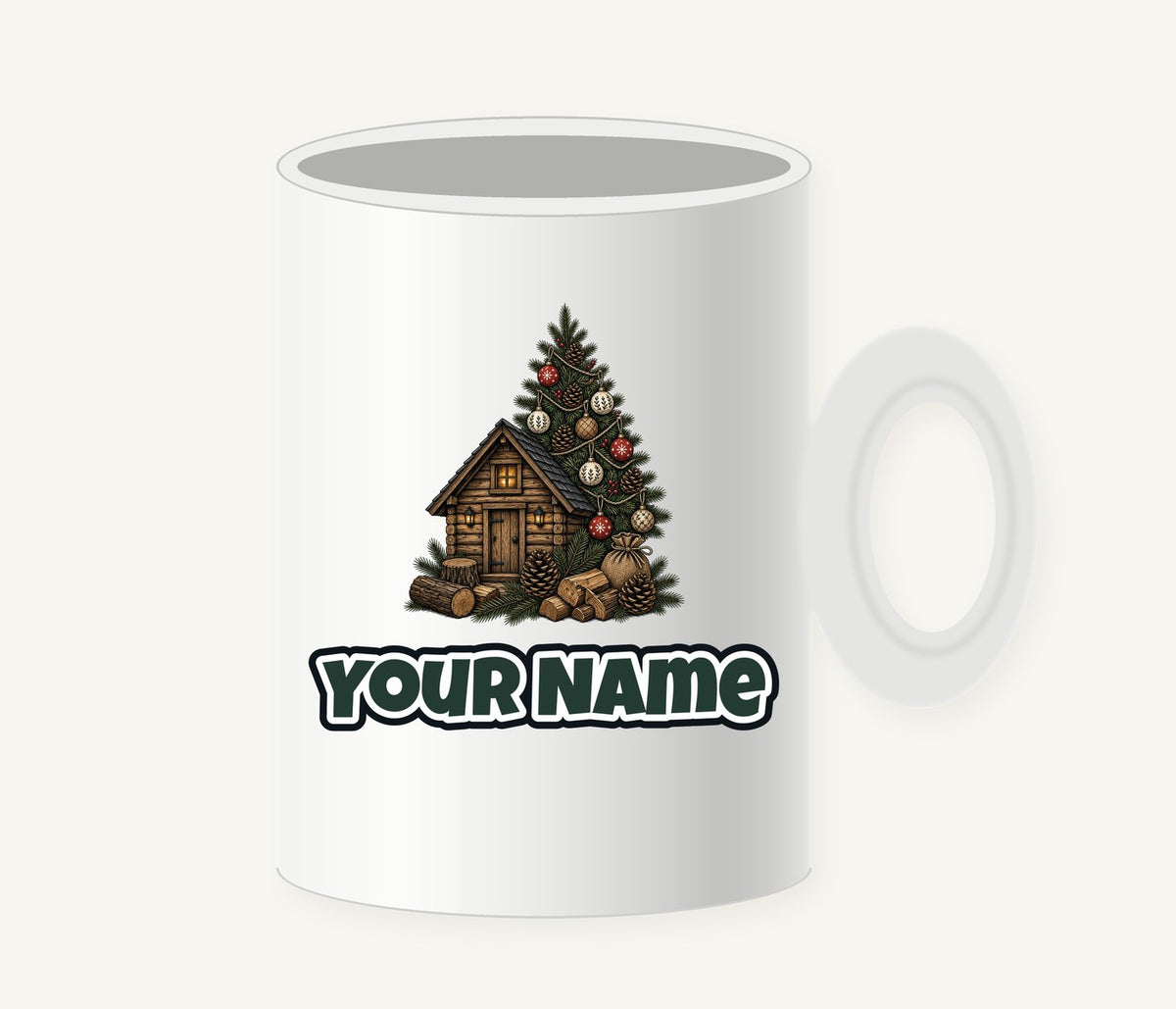 Woodland Cabin And Tree Personalised Christmas Mug