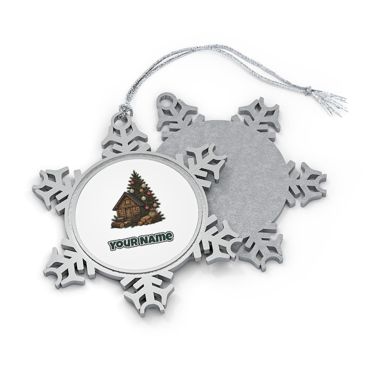 Woodland Cabin And Tree Personalised Pewter Christmas Ornament