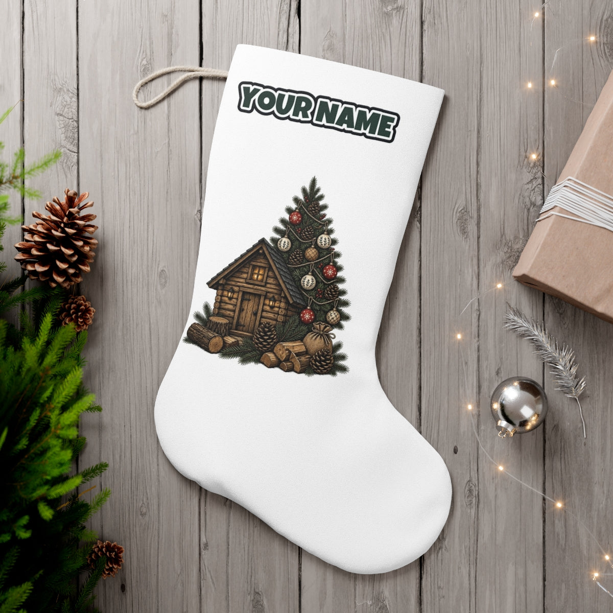 Woodland Cabin And Tree personalised Christmas stocking, white, with the name across the top