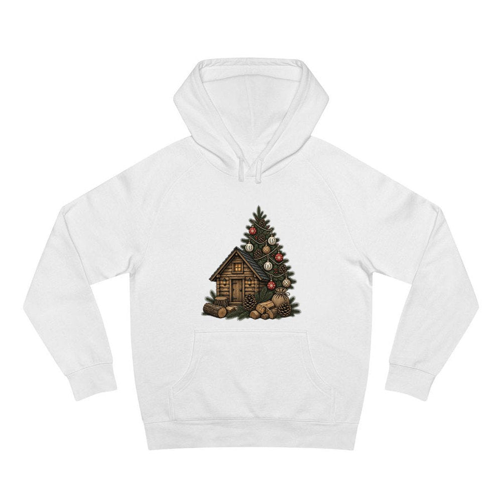 Woodland Cabin And Tree personalised Christmas hoodie in white