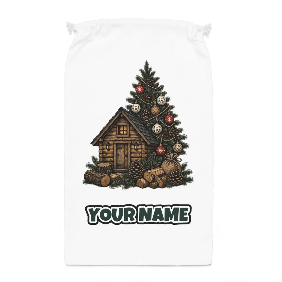 Woodland Cabin And Tree Santa sack laid flat, showing the full print