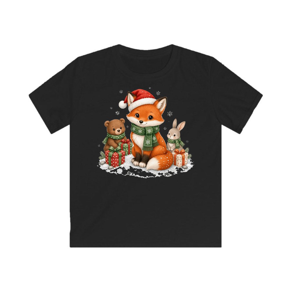 Woodland Friends Christmas Presents personalised kids Christmas tee in black