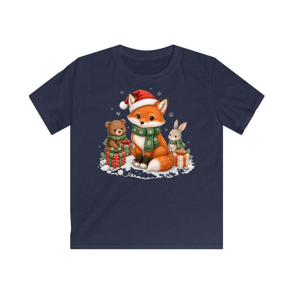 Woodland Friends Christmas Presents personalised kids Christmas tee in navy