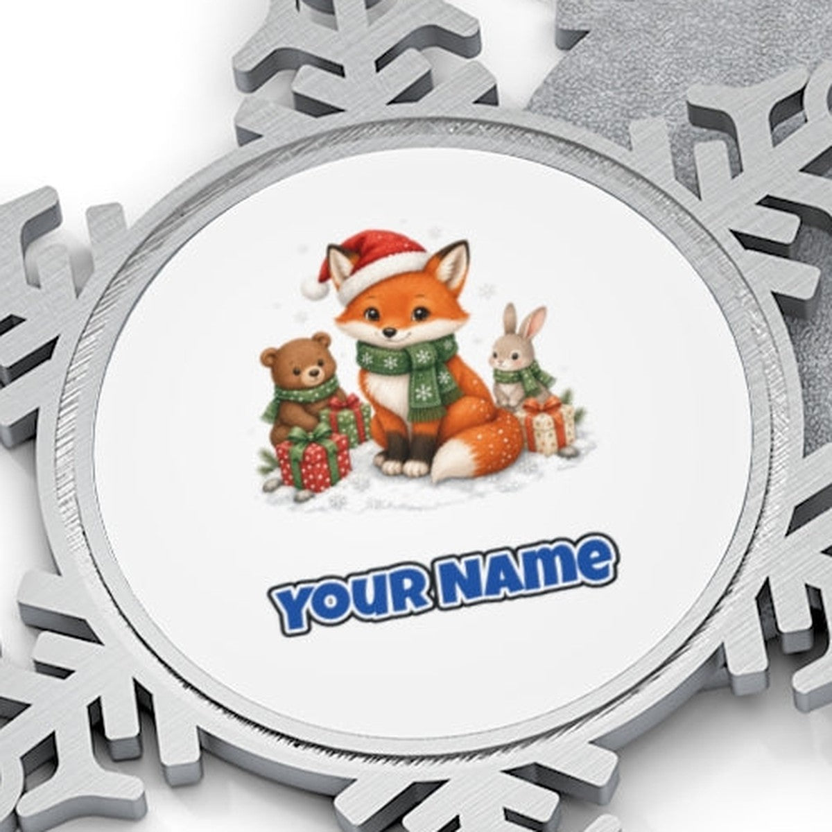 Woodland Friends Christmas Presents Personalised Pewter Christmas Ornament