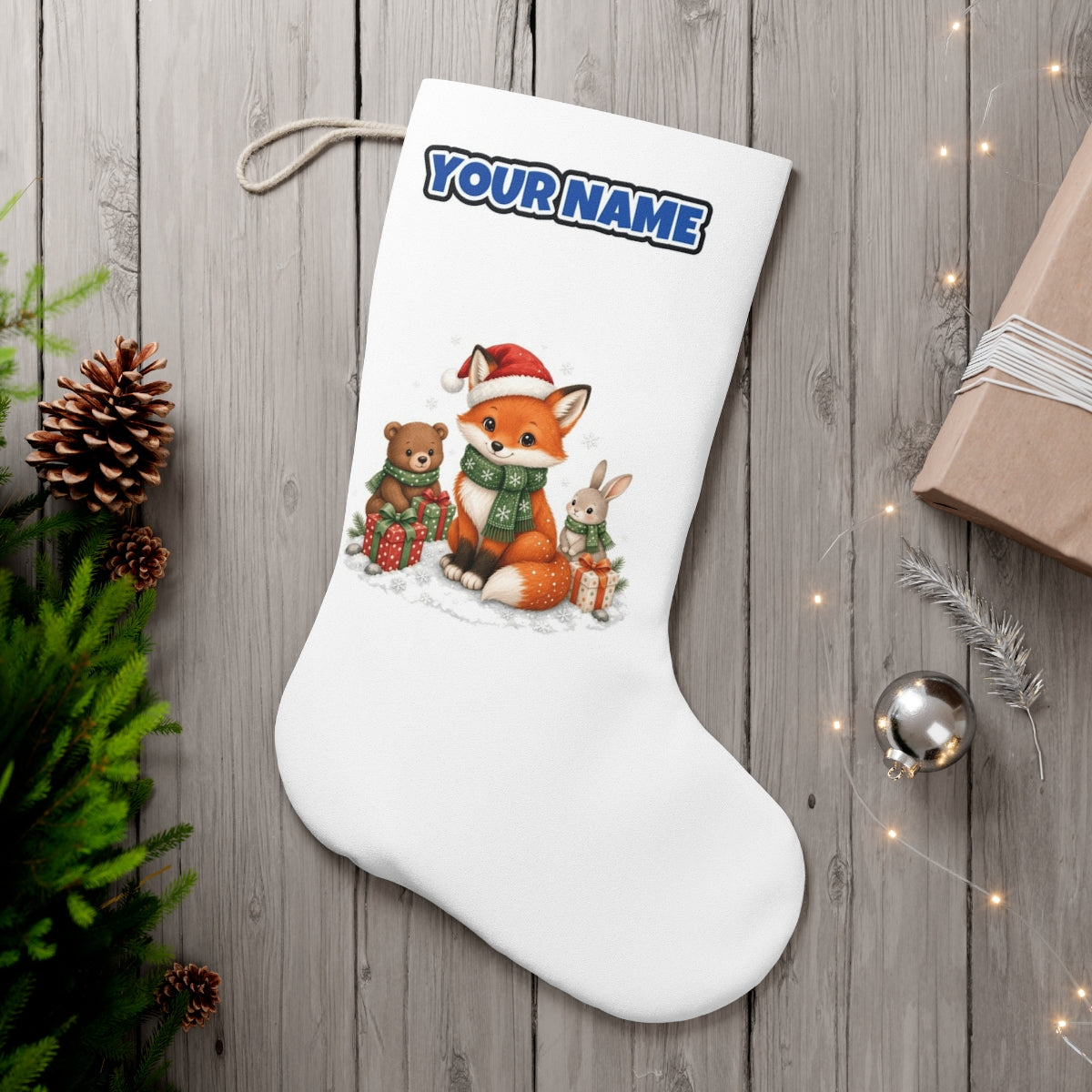 Woodland Friends Christmas Presents personalised Christmas stocking, white, with the name across the top