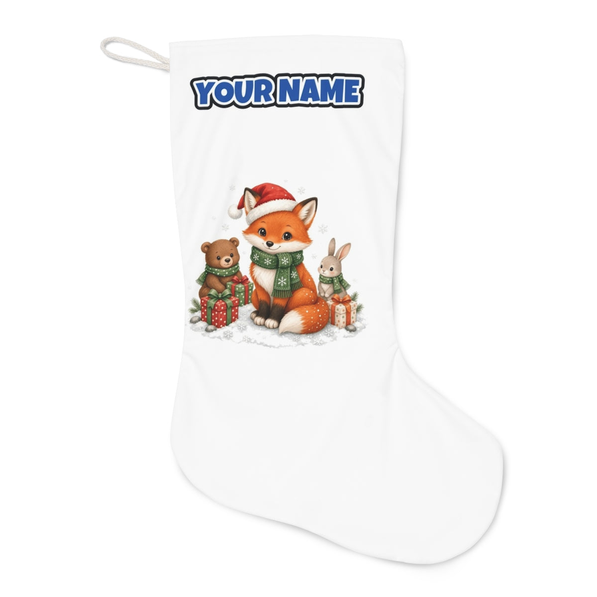 Woodland Friends Christmas Presents Christmas stocking laid flat, showing the full print
