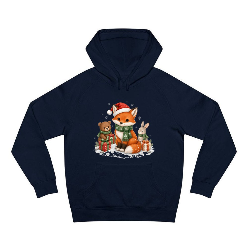 Woodland Friends Christmas Presents personalised Christmas hoodie in navy