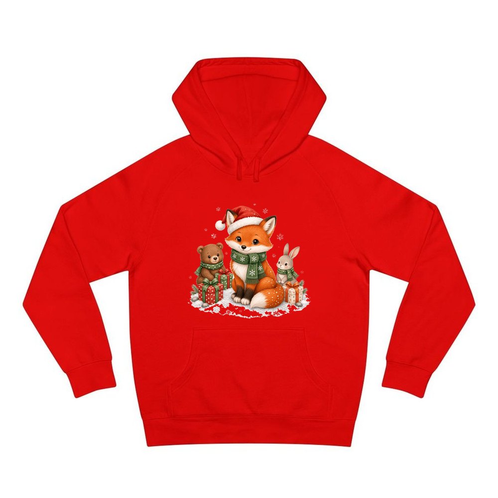 Woodland Friends Christmas Presents personalised Christmas hoodie in red