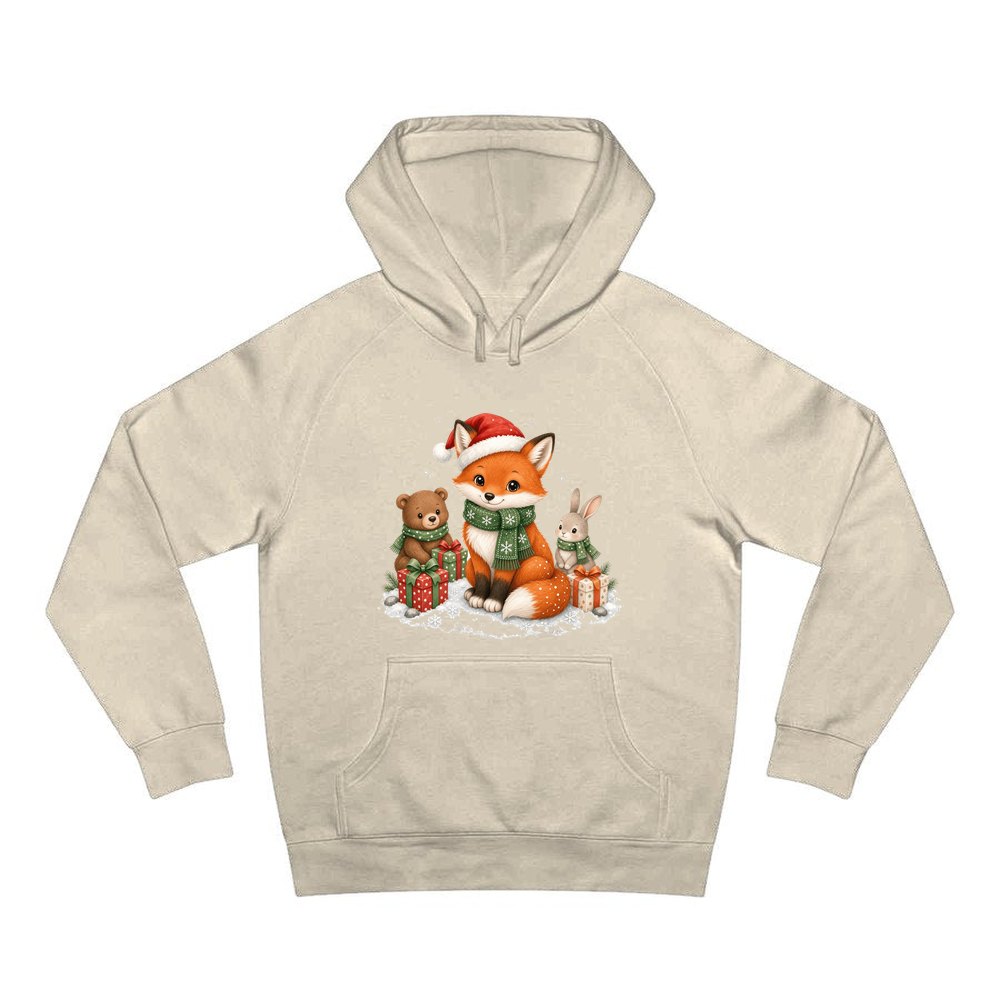 Woodland Friends Christmas Presents personalised Christmas hoodie in sand