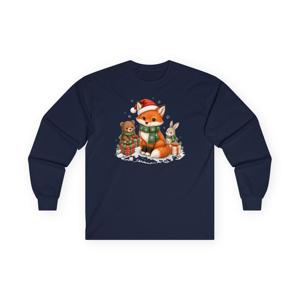 Woodland Friends Christmas Presents personalised long sleeve Christmas T-shirt in navy